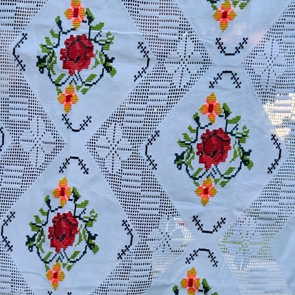 Vintage Embroidered Floral Tablecloth Cross Stitch Openwork Lace Cottagecore